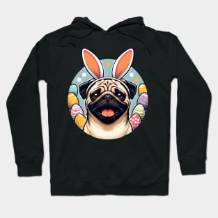 Pug Celebrates Easter with Bunny Ears and Colorful Eggs Hoodie